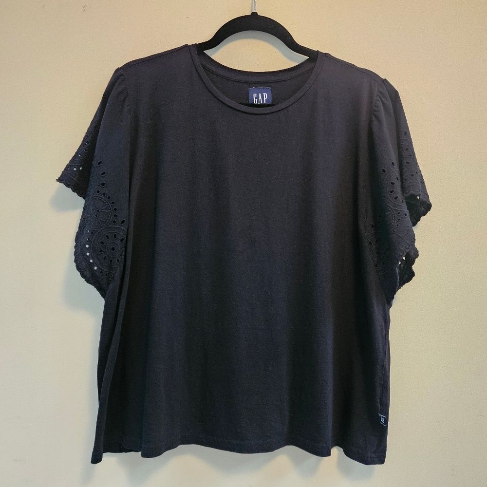 GAP Top Modal Cotton Blend Eyelet Flutter Short Sleeve Scoop Neck Black Sz XL